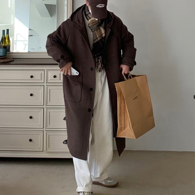 予約販売】コート ロング丈 メンズ ブラウン フード付き シンプル 男前