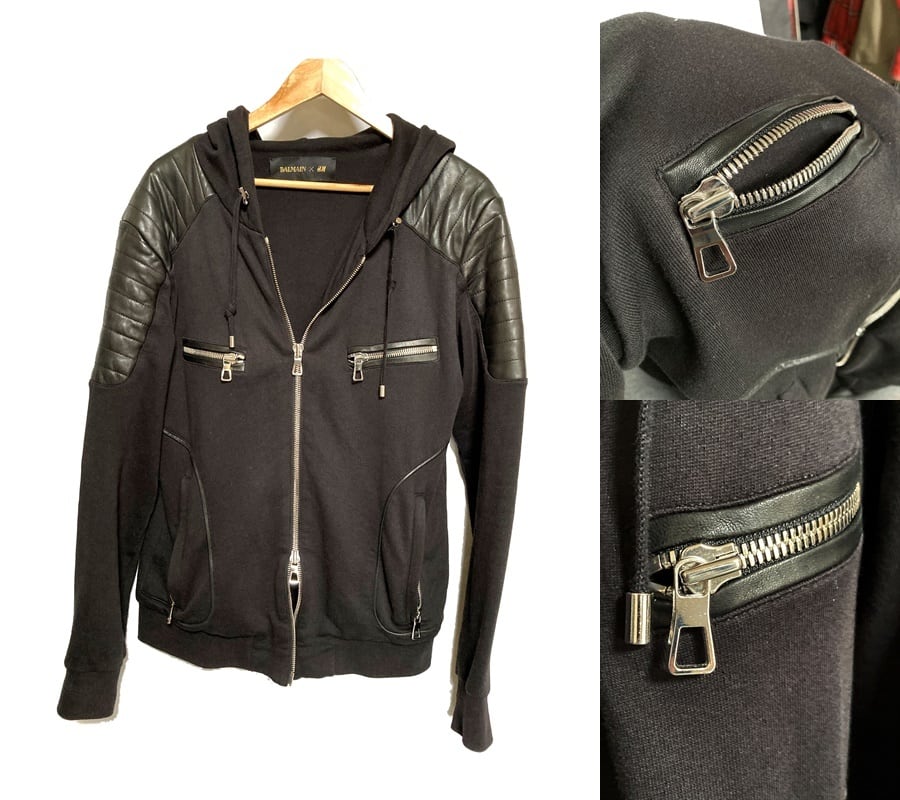 限定　レア　秋冬　美品　名作　BALMAIN × H＆M バルマン メンズ　ライダース バイカー ジップ スウェット パーカー ブラック　M |  brand cross tokyo powered by BASE