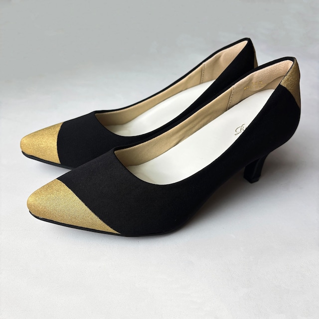 パンプス「ポインテッドトゥ Anti」5.5cmヒール！黒×ゴールド！パイカラー！大人可愛いパンプス＊結婚式や入学式、普段使いなど【受注制作】