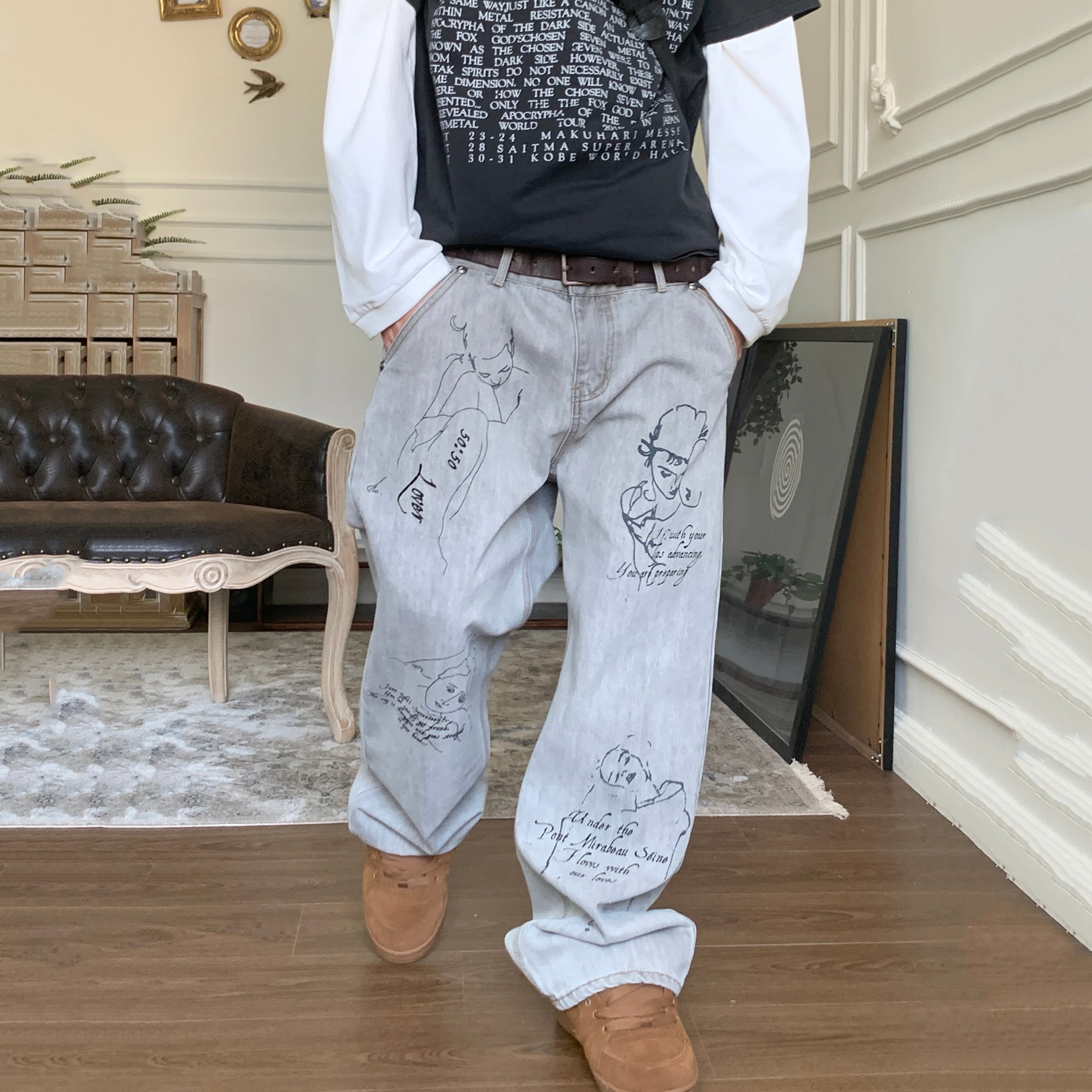 POH落書きプリント入りウォッシュドデニムパンツ | mblueshop