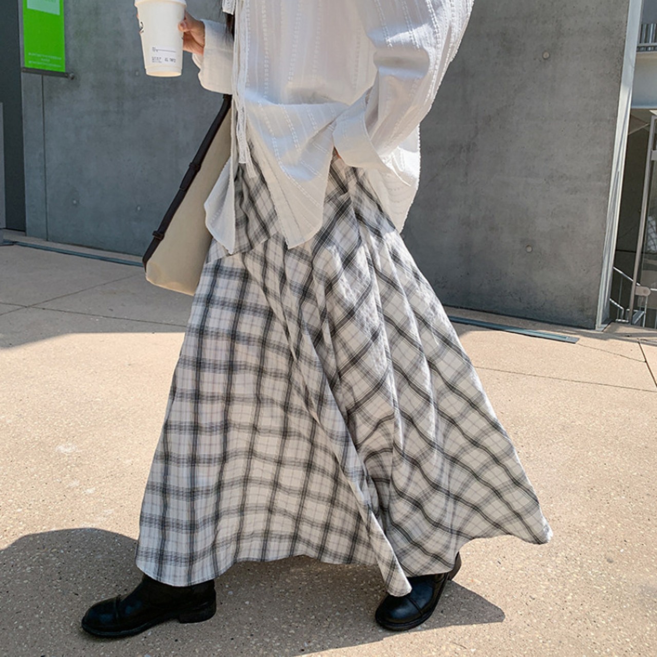 check panel long skirt　J00501