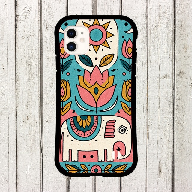 受注生産 iPhoneケース 白い象と花のフォークアート｜民芸柄 PSYF006A