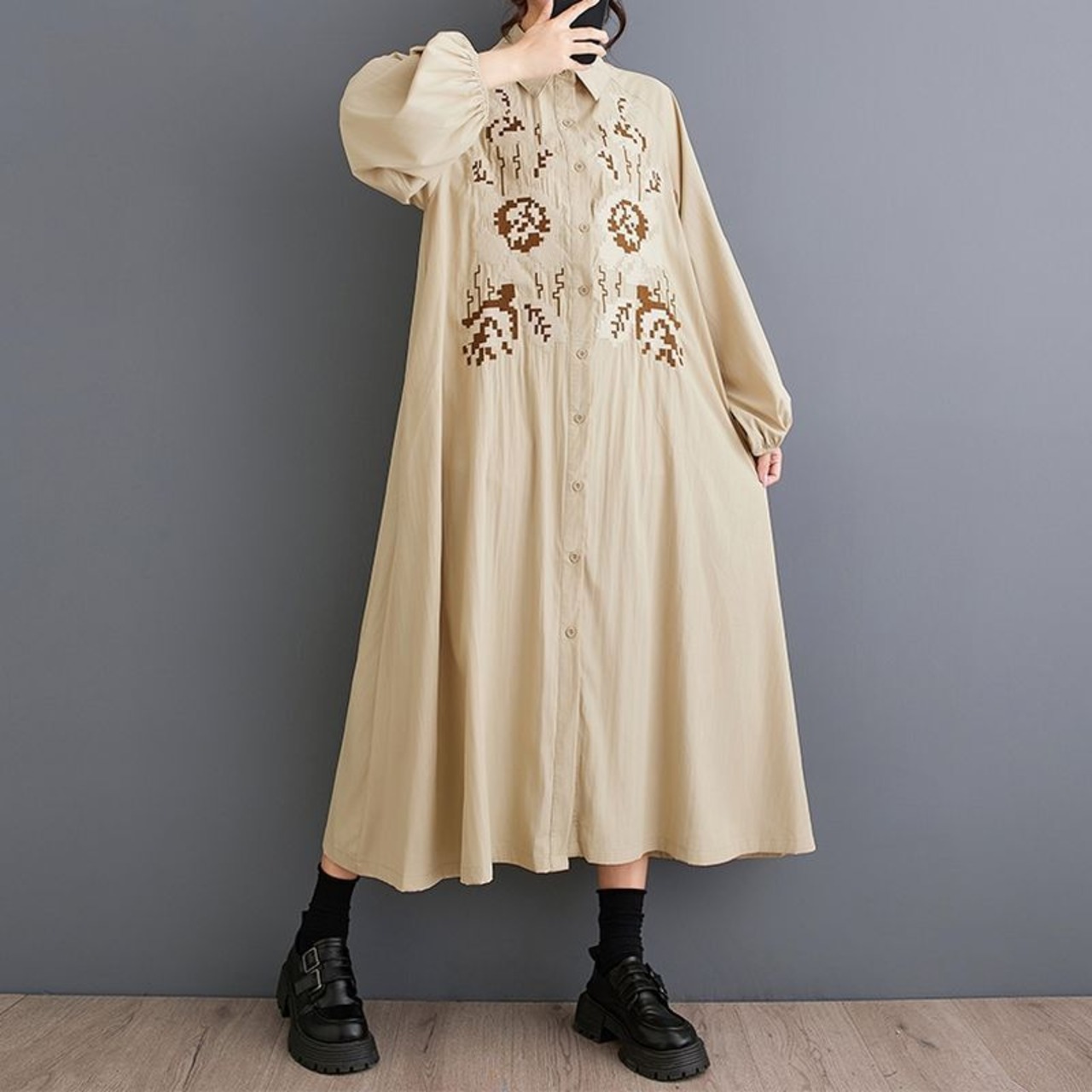 刺繍風 パッチワーク シャツワンピース  00347