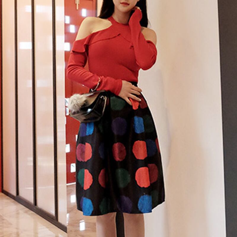 オープンショルダー ドット スカート セットアップ