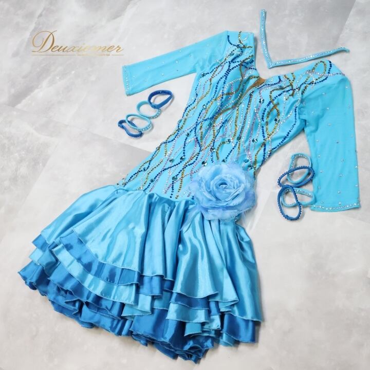 社交ダンス 衣装 ラテン ドレス ワンピース 水色 レース フリル 青