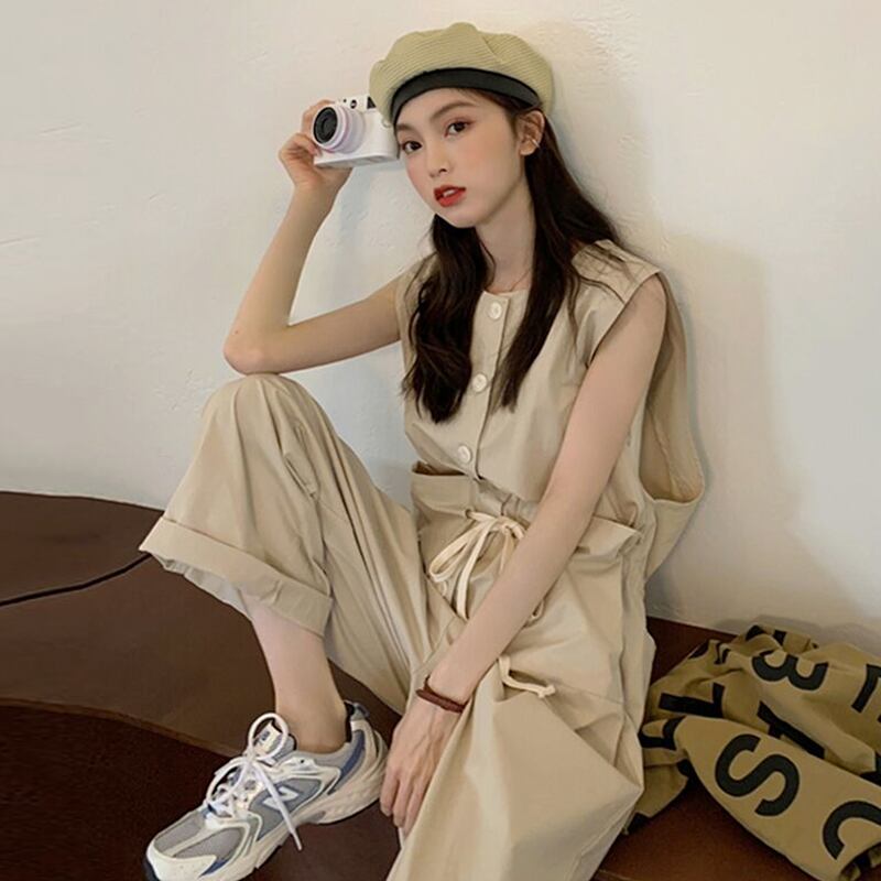 レッドジャンプスーツ オールインワン カーキパンツ レディースサマールーズカジュアルハイウェストウェストワイドレッグ 夏物 ワイドパンツ 試着室71973423211