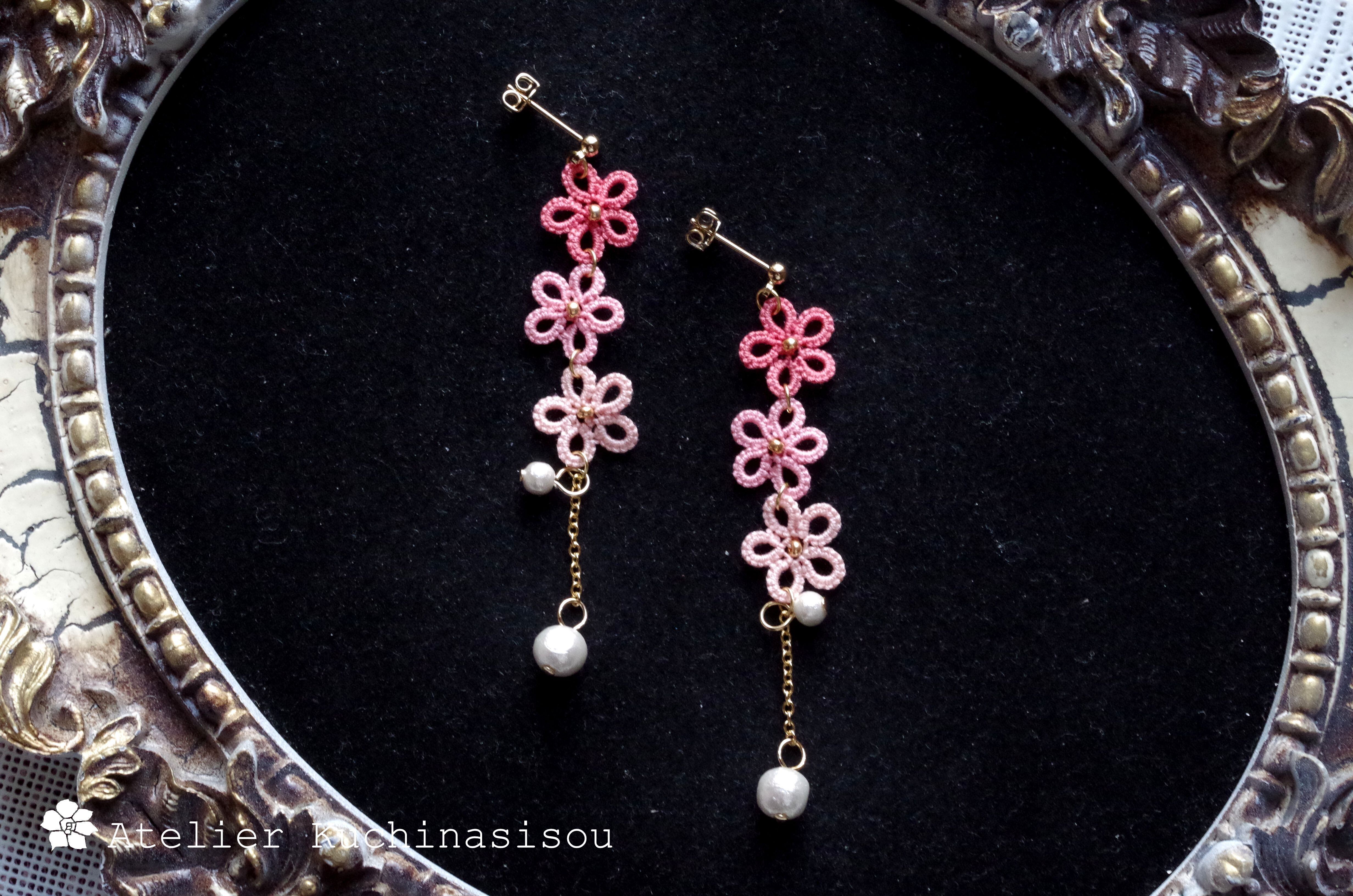 受注製作】タティングレースの小花とコットンパールのピアス〈桜