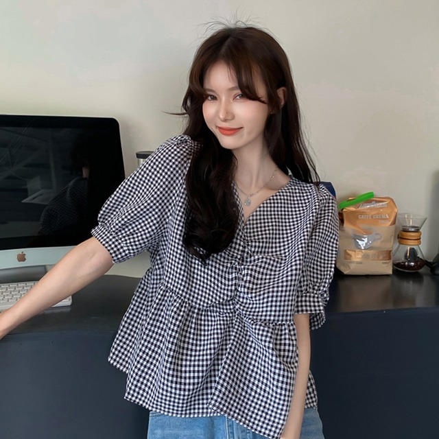 ブラックVネック格子柄シャツ レディースサマーショートスリーブトップス 夏物 スーパーモール58534059181