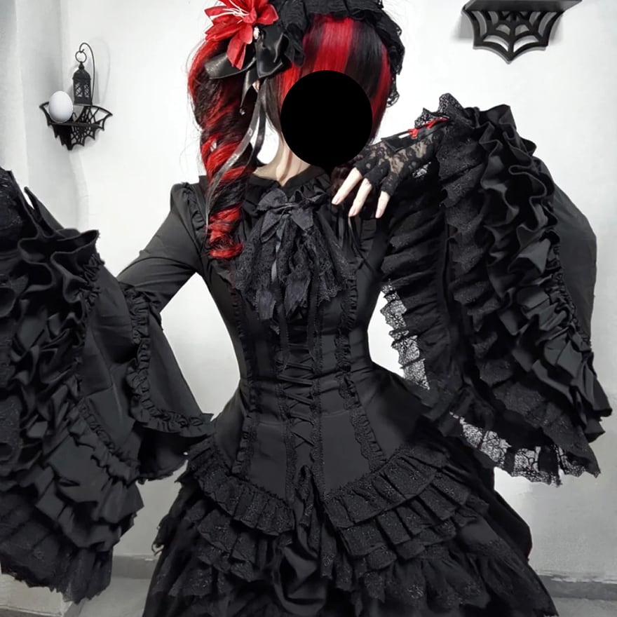 ゴスロリ 姫袖シャツ 黒シャツ ネックリボン付き レースアップ フリル