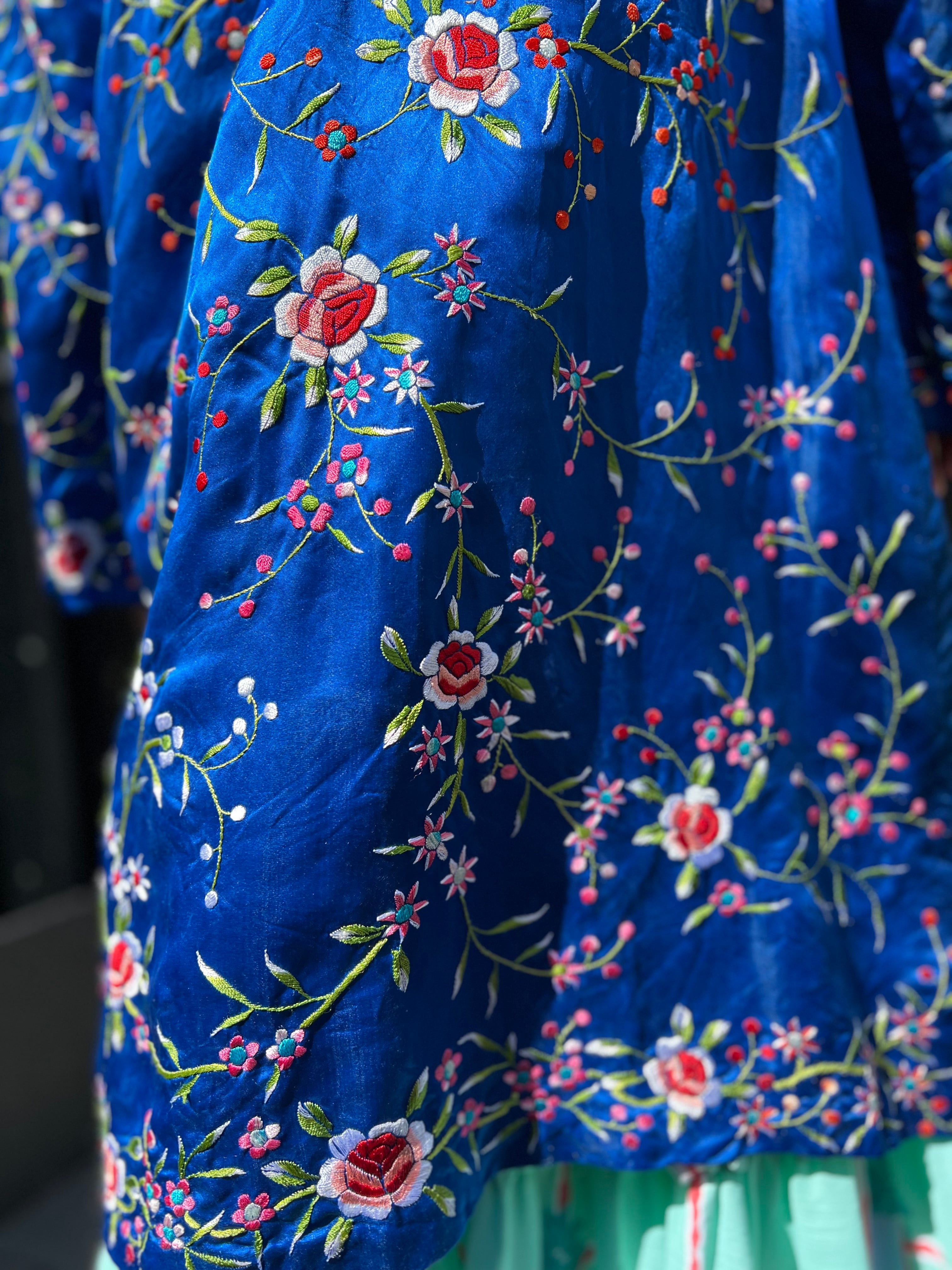 80s chinese royal blue × floral embroidery long jacket