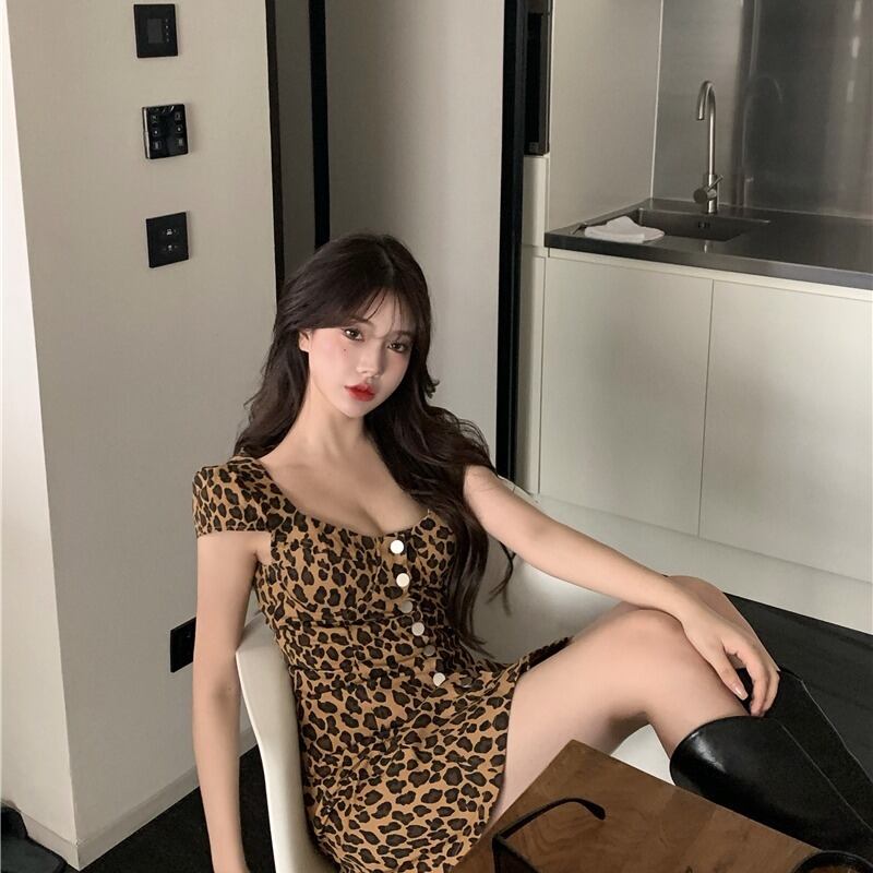 VネックヒョウプリントウエストタイトフィットAラインショートスカートレディース2020新作レトロベルフラワースカート夏フレンチドレス ブラックストロベリース5750886160