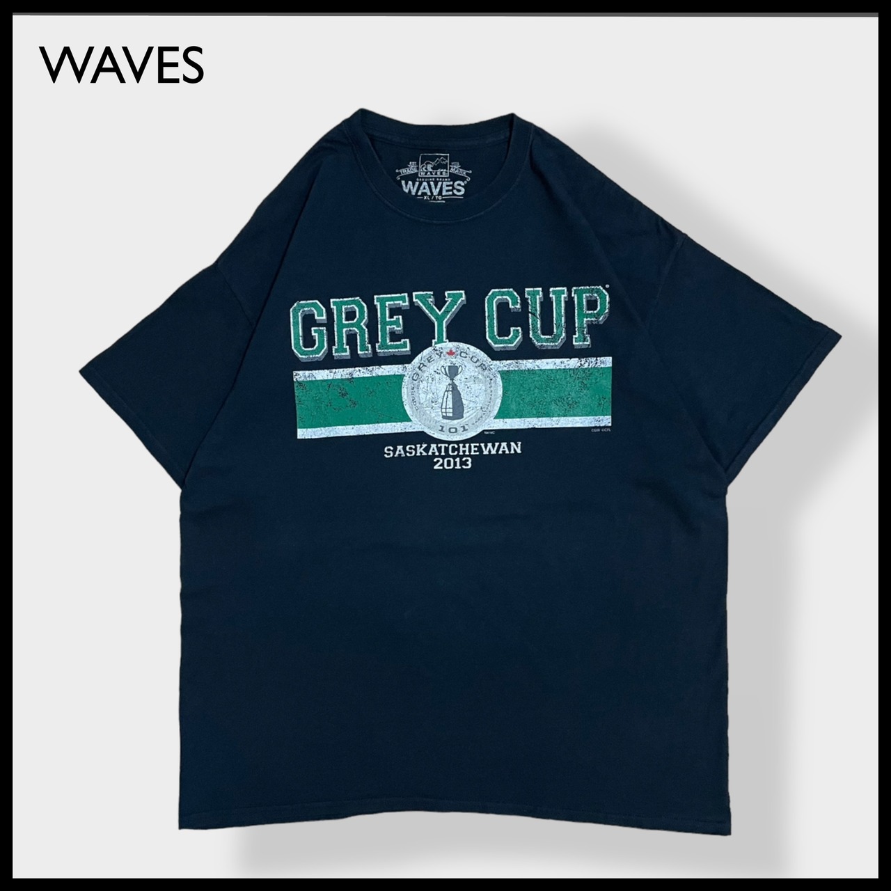 【WAVES】GREY CUP カナダ アメフト プリント ロゴ Tシャツ ヴィンテージ 加工 半袖 黒 X-LARGE ビッグサイズ サスカチュワン us古着