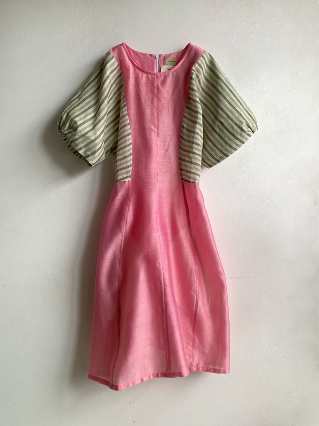 Short sleeve deformation dress "light pink & light green stripe" khadi cotton & silk