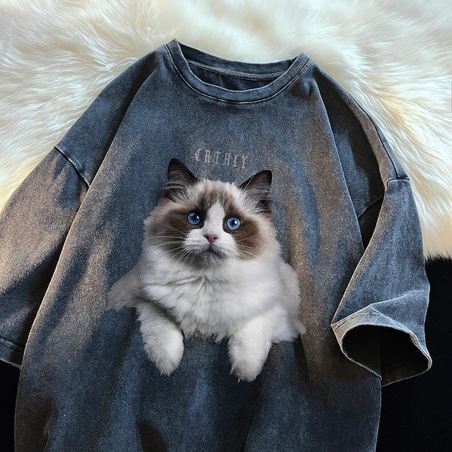 【NANSHIシリーズ】★Tシャツ★ トップス コットン 半袖 猫 ねこ ネコ 男女兼用 メンズ 大きいサイズ レトロ