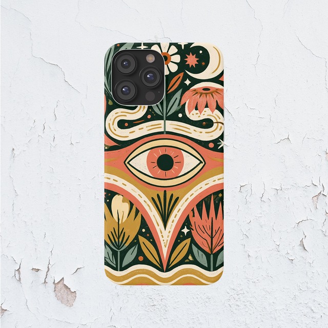 受注生産 iPhoneケース 大きな目と植物のサイケ民芸柄｜目モチーフ PSYF046C