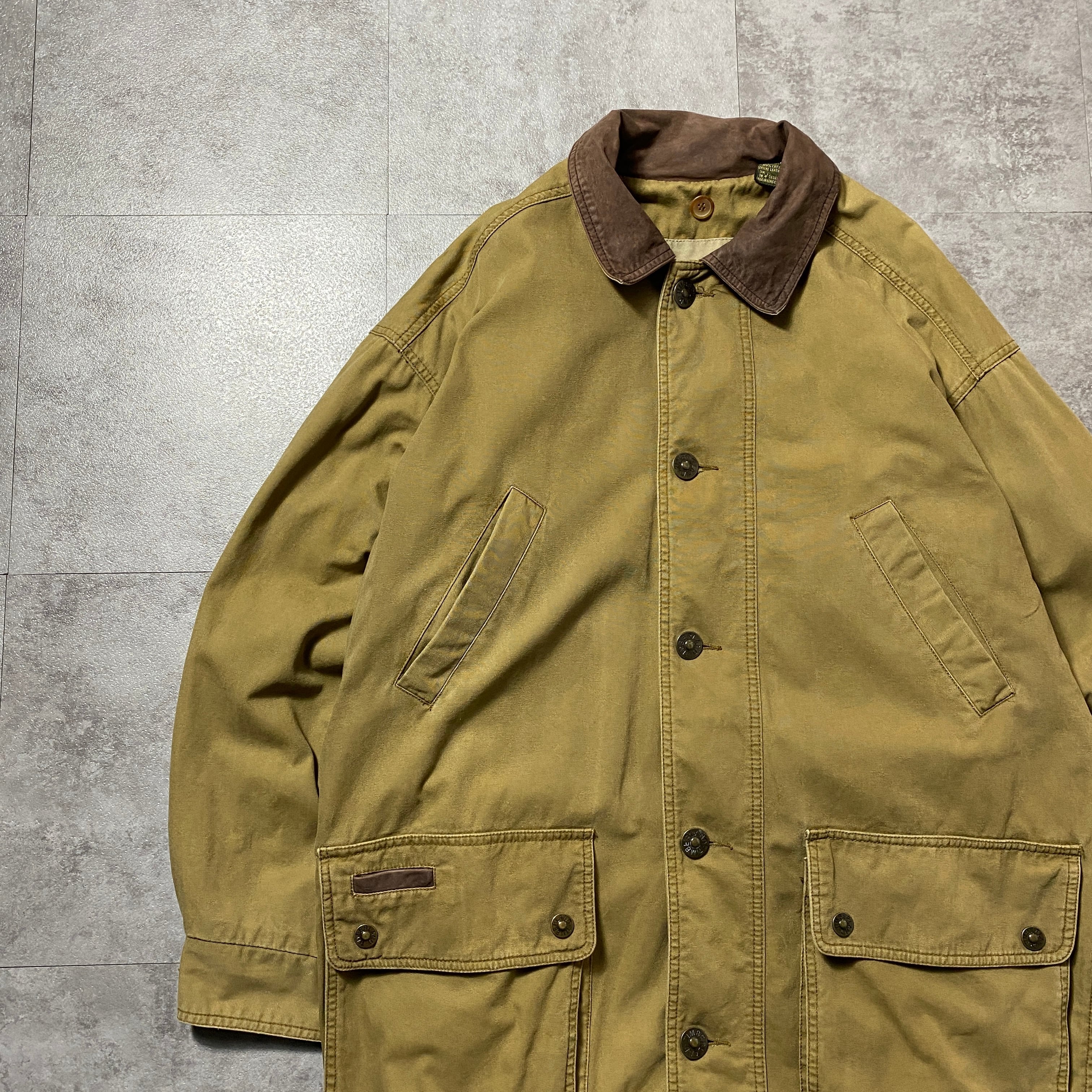 90s Timberland ハンティングジャケット 襟 レザー 切り返し 90's Timberland ティンバーランド レザー襟 メタルボタン ミドル丈