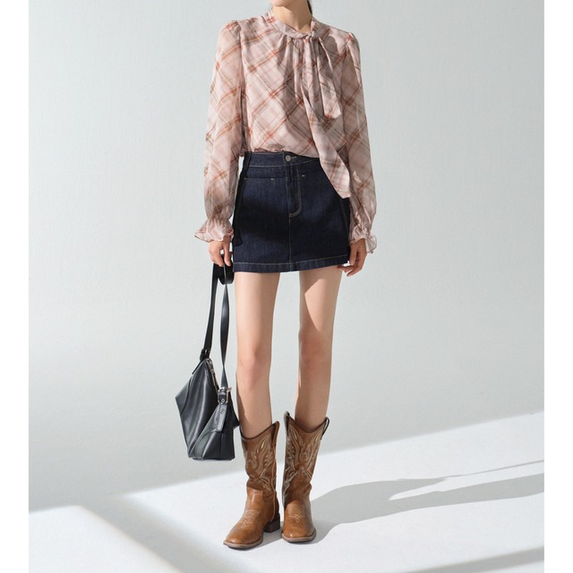 シフォンスタンドカラーフレアスリーブボウタイブラウスチェック柄 00214