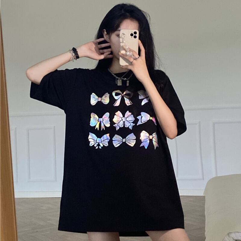 スタイルTシャツ サマーリボンプリント柄ルーズブラックトップス レディース 夏物 YY-ファッション97447473025