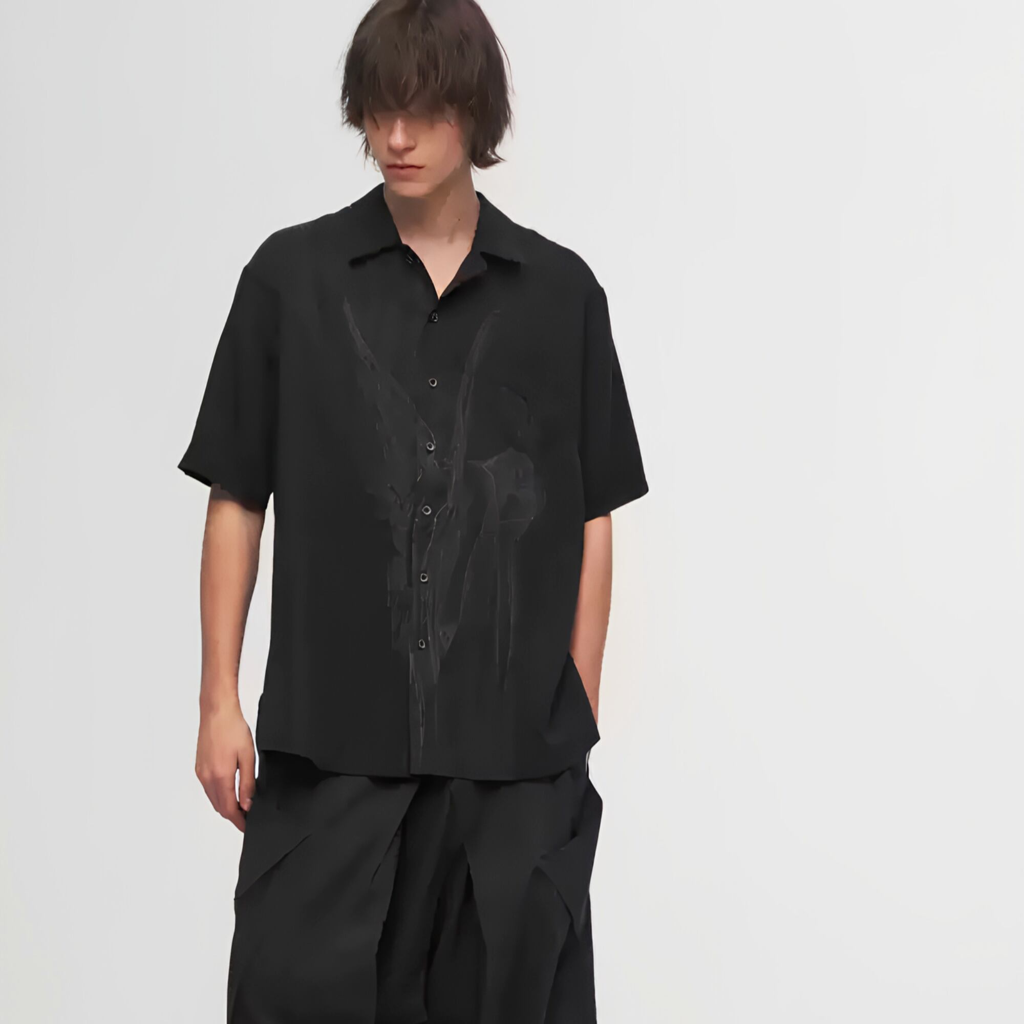 【ORV0094】Dark Angel Print Cupro Panel Short-Sleeve Shirt