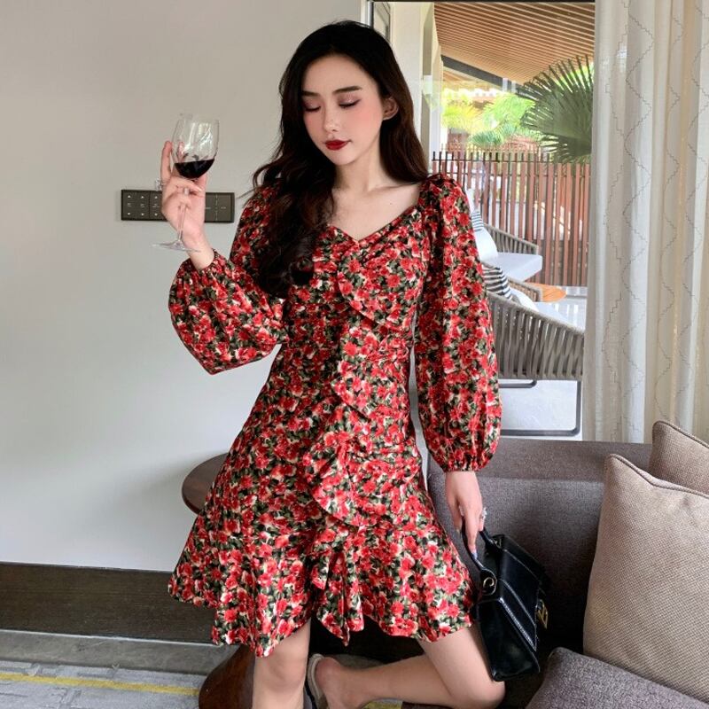 薄手Aラインオータムウィンタースタンダードフローラルショートスカート ロング レトロ 秋物 冬物 花柄 Vネック YY-ファッション98397765761