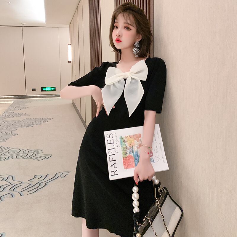 ブラックドレス カラーリボンウェストニットスプリングサマー 春物 夏物 MIUCO69258527327