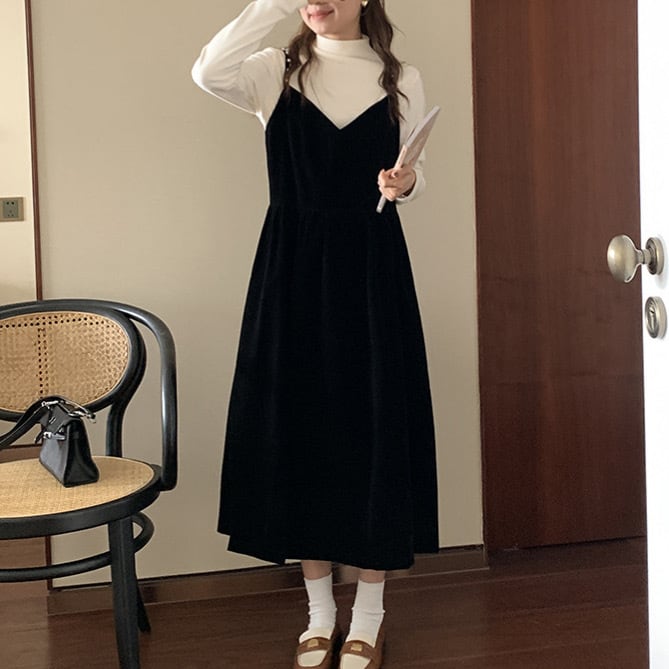 キャミワンピ ワンピース ロング丈 フレア ハイウエスト サスペンダー 