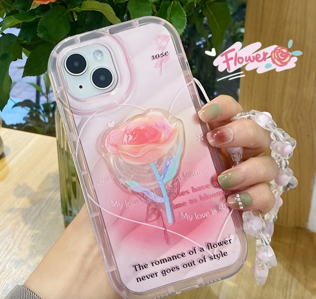 【iPhone15対応】一輪のピンクローズ◎かわいいバラ ハート 水紋デザイン クリアケース 薔薇 ハンドグリップ フラワー カメラ保護フレーム スマホケース ND-15176
