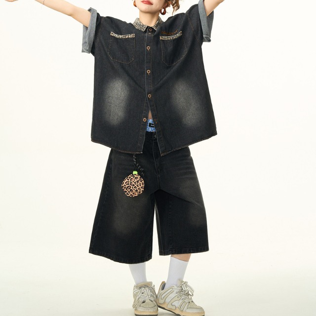 leopard print denim short-sleeved shirt　レオパードポイントデニム半袖シャツ　J1800