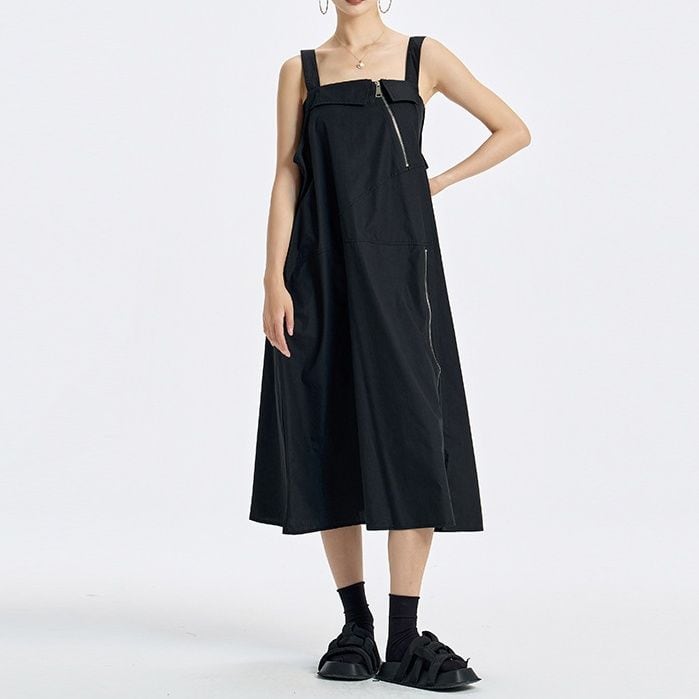 ASYMMETRIC ZIPPER SLIT A-LINE SUSPENDER DRESS M-17759