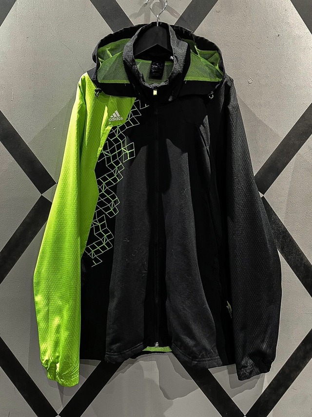 【X VINTAGE】"adidas" Neon Green Color Swiching Loose Zip Up Hoodie Jacket