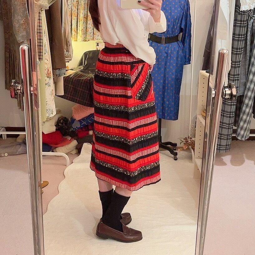 red gingham check black flower skirt