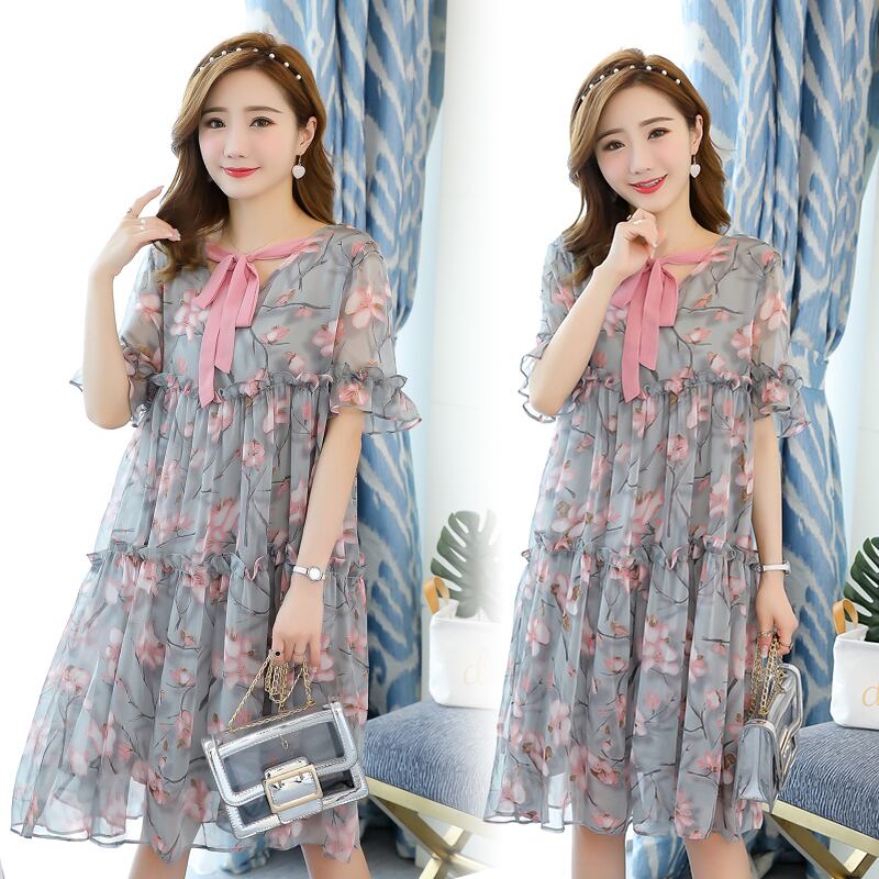 【新作】【送料無料】 印刷マタニティドレスサマーVネックフリルパッチワークフレア半袖レーシングカラー妊婦花柄ドレス ショート ハーフスリーブ ラッフル 夏物 AL expec384141160050