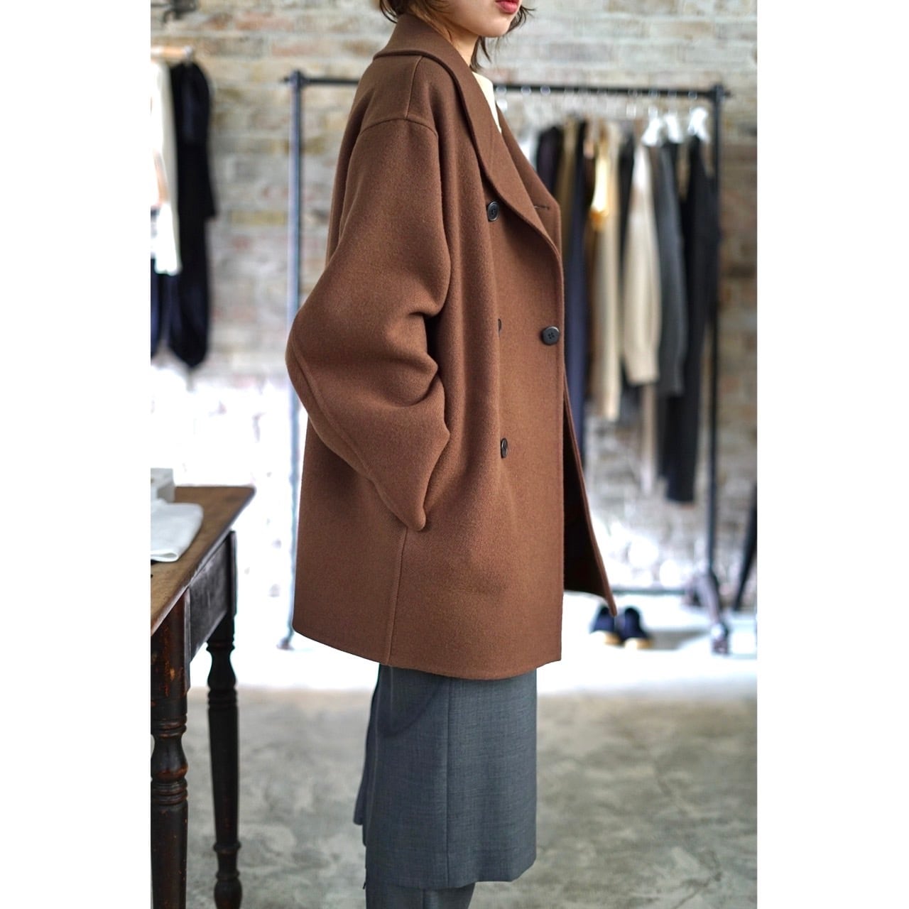HYKE / DOUBLE FACE SHAWL COLLAR COAT (BLACK, BROWN) | JUQUI Online
