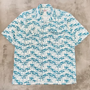 80’s ORVIS Fish Pattern Open Collar Shirt”Made in USA”