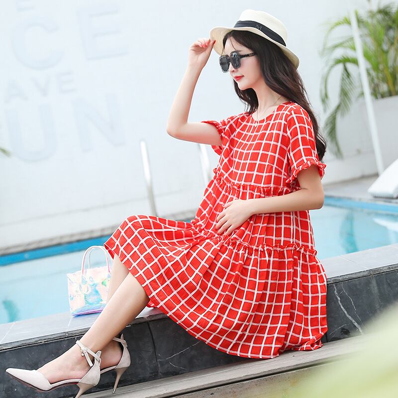 【新作】【送料無料】 2019女性シフォン妊娠中のマタニティ服ドレスコットンブレンド半袖チェック柄マタニティドレス ショート ハーフスリーブ AL expec315654318348