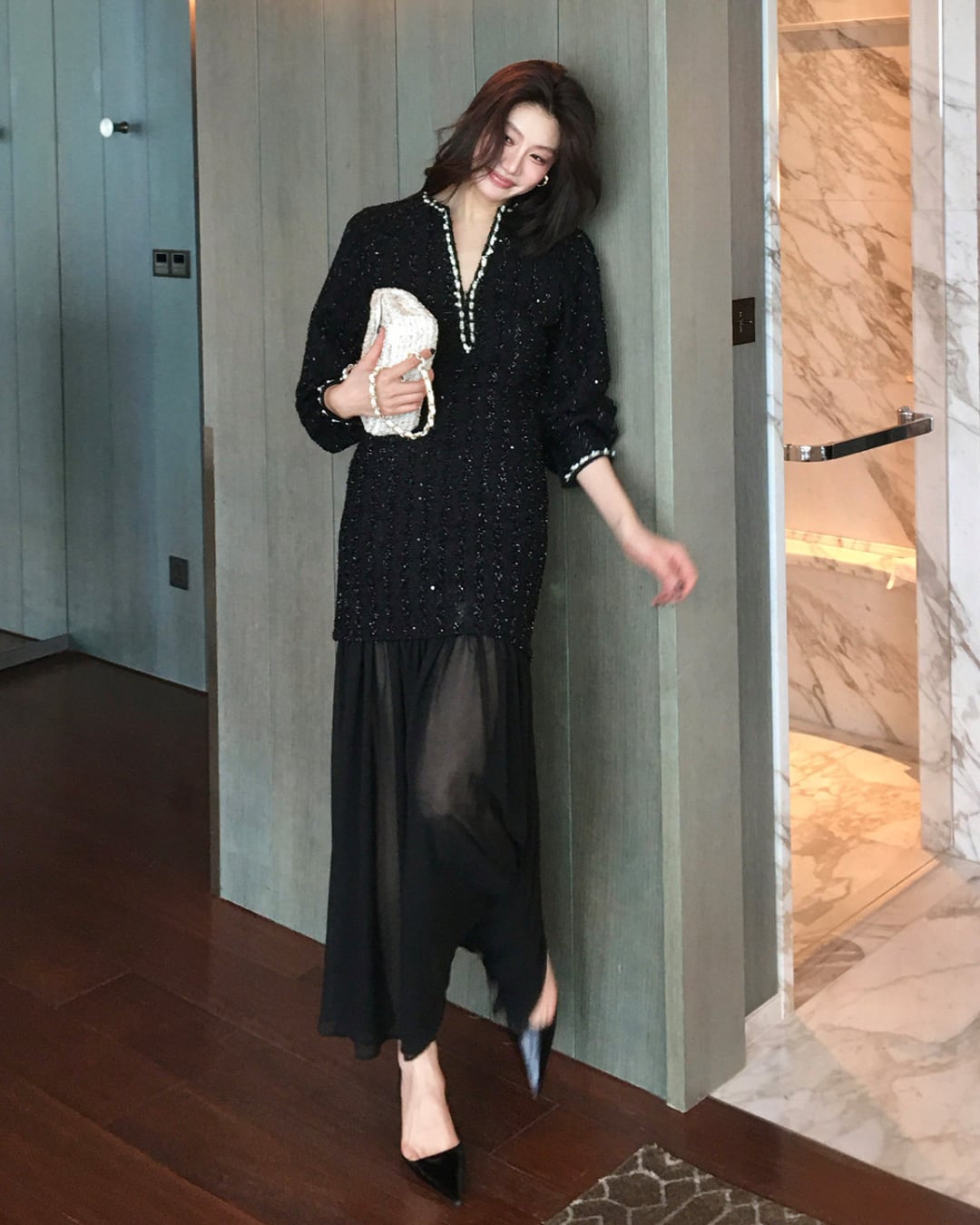 スパンコールシフォン切替ロングワンピース A25532