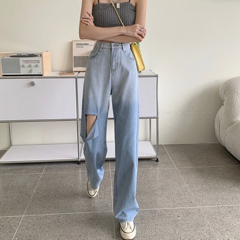 サマースタイル薄手ハイウェストウェストルーズワイドレッグジーンズ レディース 夏物 ワイドパンツ ハンチェンe72282312965