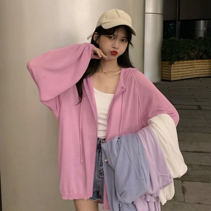 サマーカラールーズレッドフード薄手ジャケット ロング 夏物 YY-ファッション96415810722