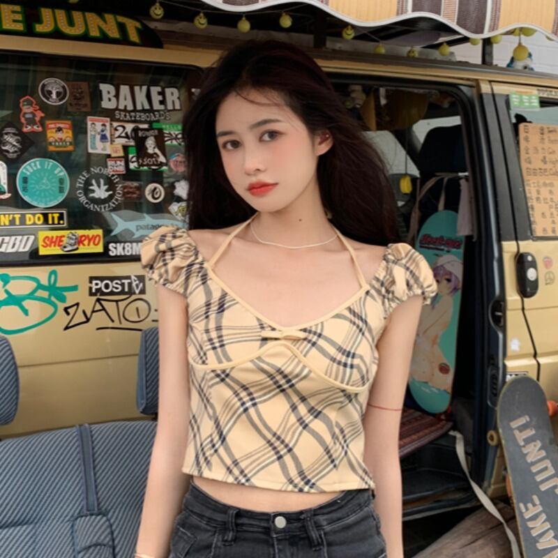 ショートブラウス サマースタイルVネックスリムTシャツ 夏物 ハンチェンe30078131519