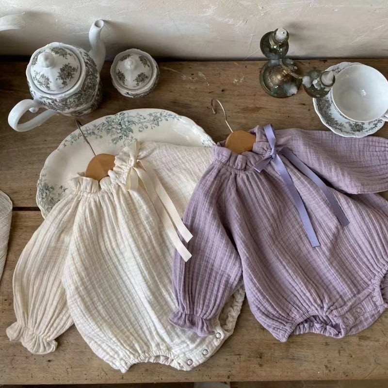 【BABY】フリル襟しわリボン長袖ロンパース