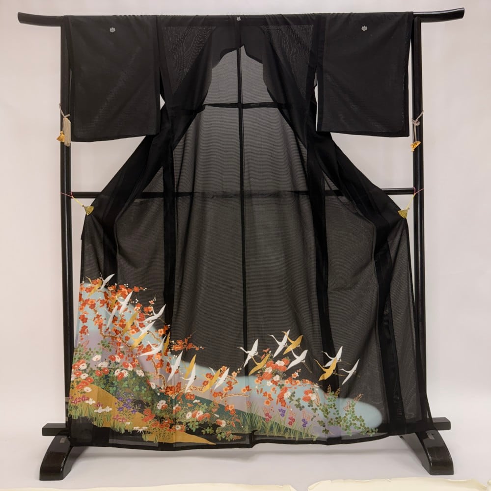 黒留袖 絽 夏物 夏黒留袖 裄66.2cm M サイズ リサイクル着物 安い リメイク 中古 礼装 ポリエステル リユース 5967