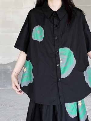 Green floral abstract print drop shoulder shirt [T2948]
