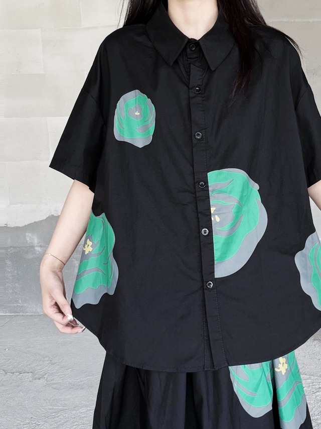 Green floral abstract print drop shoulder shirt [T2948]