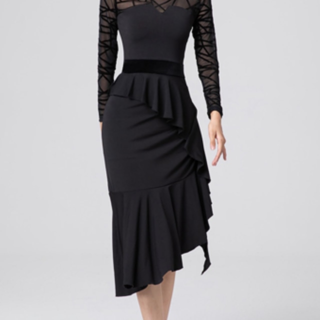 シアースリーブデザイン ブラックダンスドレス (4XLまであり)