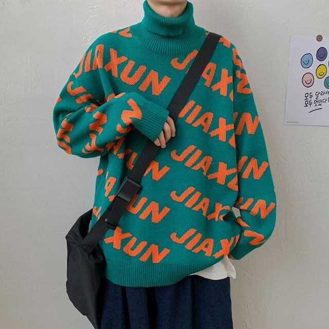 【予約販売】ニット タートルネック 総柄 ロゴ メンズ グリーン ブラック セーター こなれ感 お洒落 韓国 トレンド 秋冬 M/L/XL/2XL/3XL