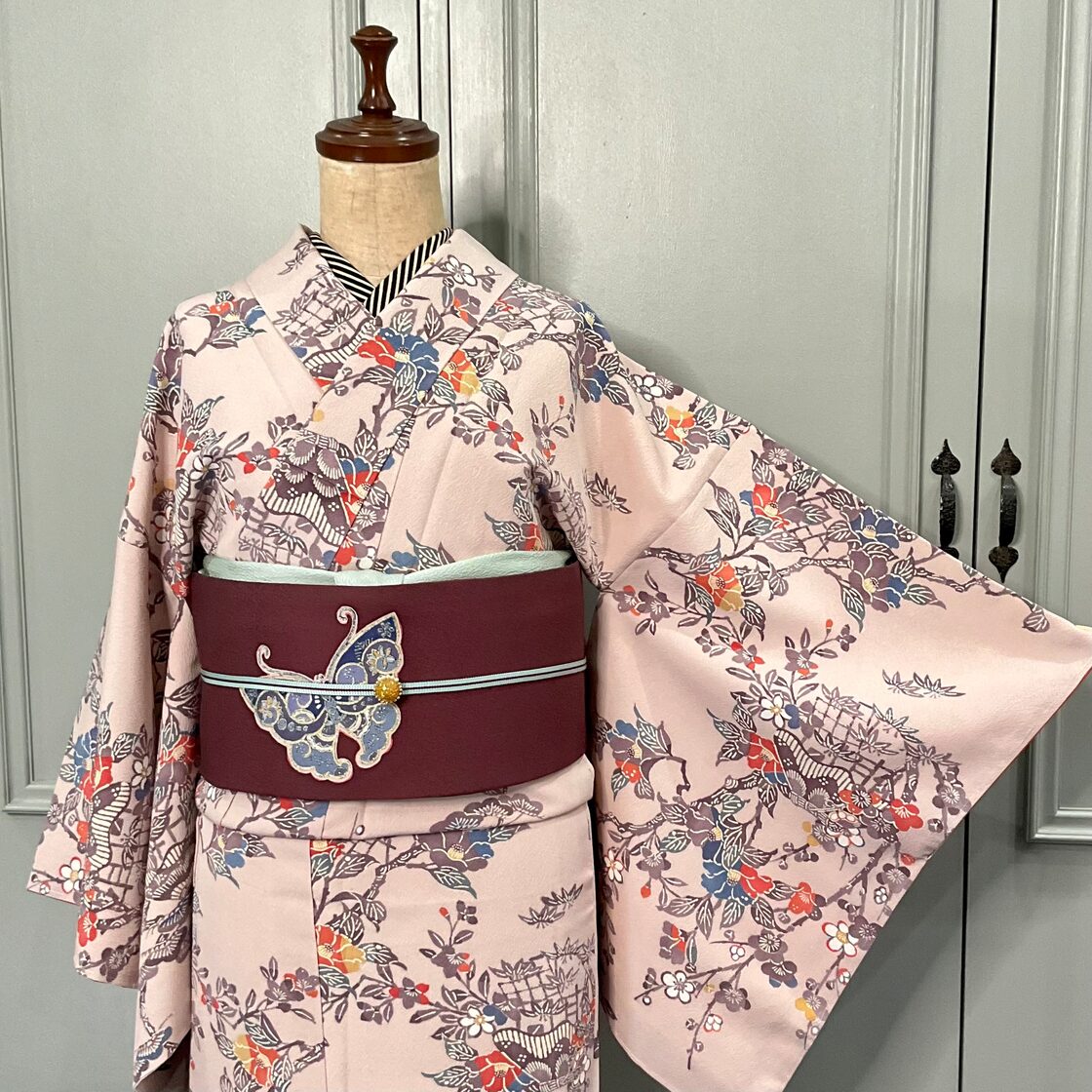 long＊花咲く小道＊未使用品 縮緬 紅型調 松竹梅 椿 茶屋辻 リサイクル  