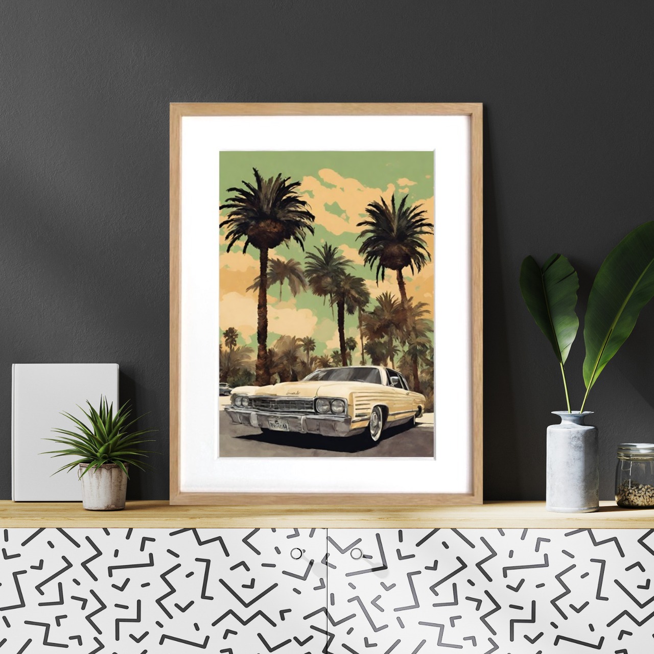 California Life｜クラシックカーとパームツリーのヴィンテージアートポスター｜カリフォルニア気分を楽しむ西海岸インテリアA4ポスター