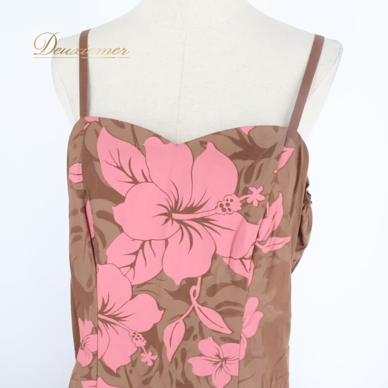 フラダンス 衣装 CC Fashions CCファッション ワンピース ドレス ブラウン系 ピンク系 ハワイ製 ツーカラー キャミソールドレス ハイビスカス柄 かわいい 華やか 鮮やか 明るい 茶 ハワイアン アロハ ハワイアンプリント ダンス レッスン 練習