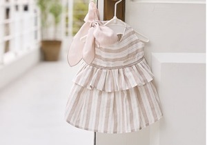 『即納』mabellefifi | リネンストライプリボンワンピース（ベージュ）/ Linen striped ribbon dress (beige)