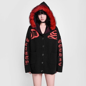 フェイクファーエッジフーディロゴボタンニットカーディガン(ruf_02563)